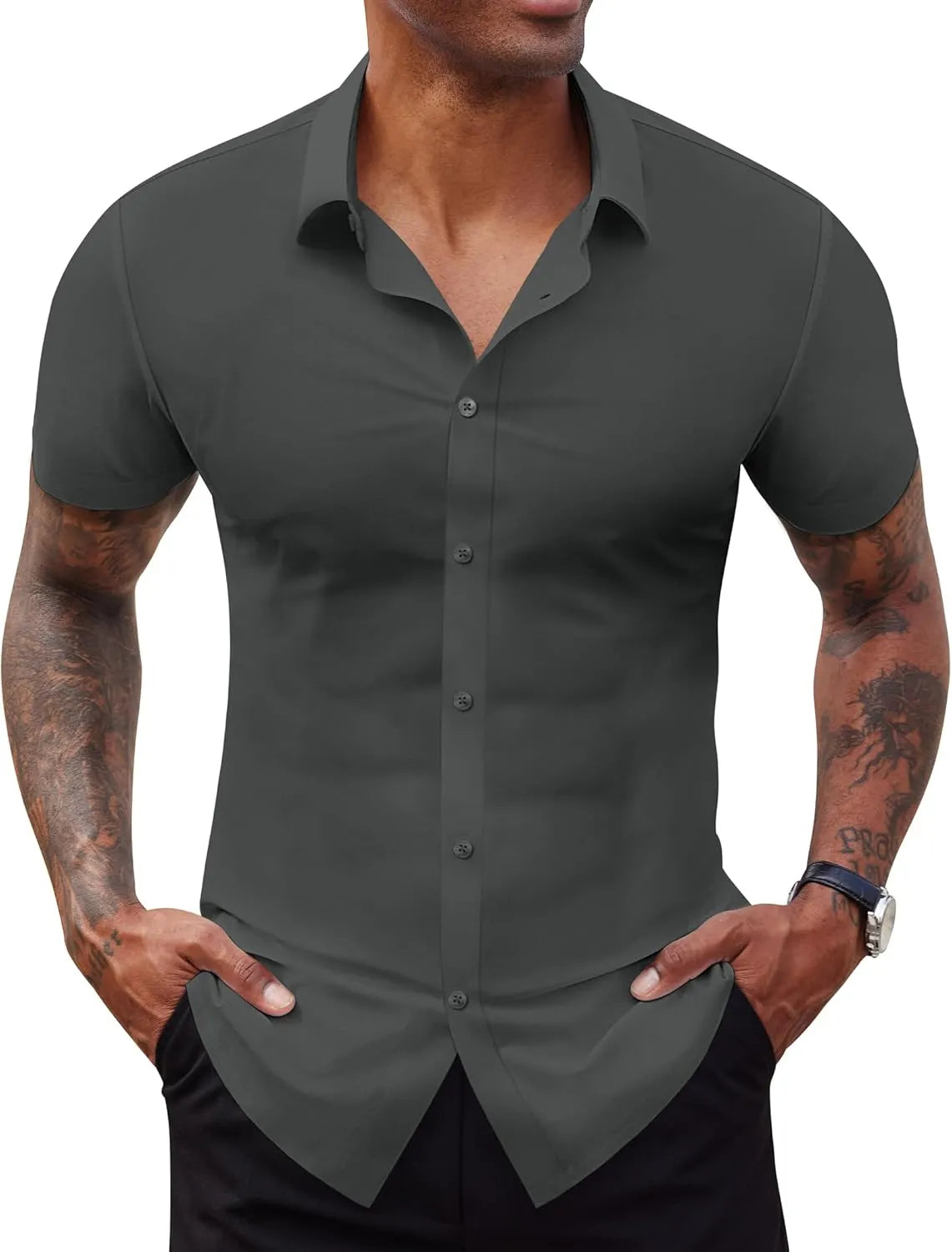 Stretch Dress Shirts for Men Short Sleeve Slim Fit Casual Button Down Shirts Muscle Fit Men's Dress Shirts